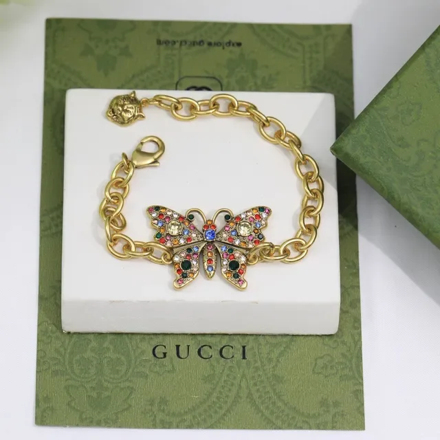 Gucci Multicolor Crystal Butterfly Charm Gold-Tone Chain Bracelet 9