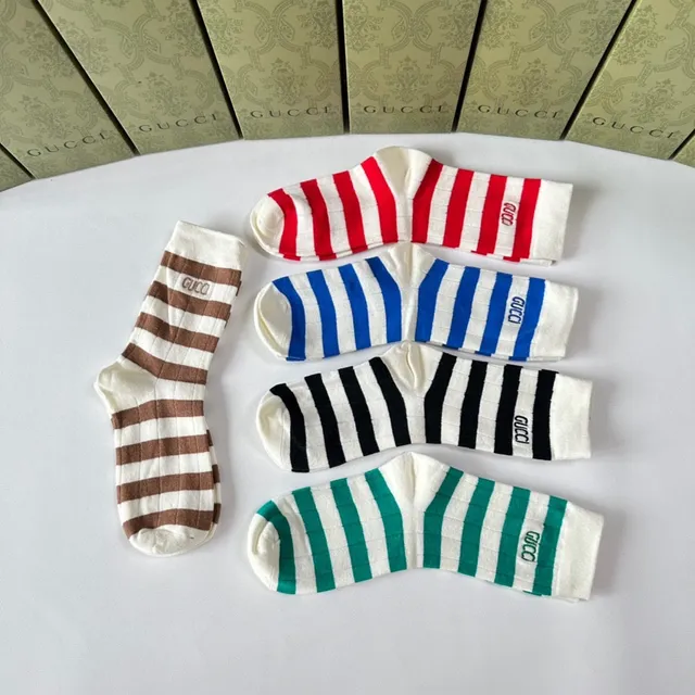 Gucci Multicolor White Ribbed Knit Horizontal Striped Pattern Socks 4