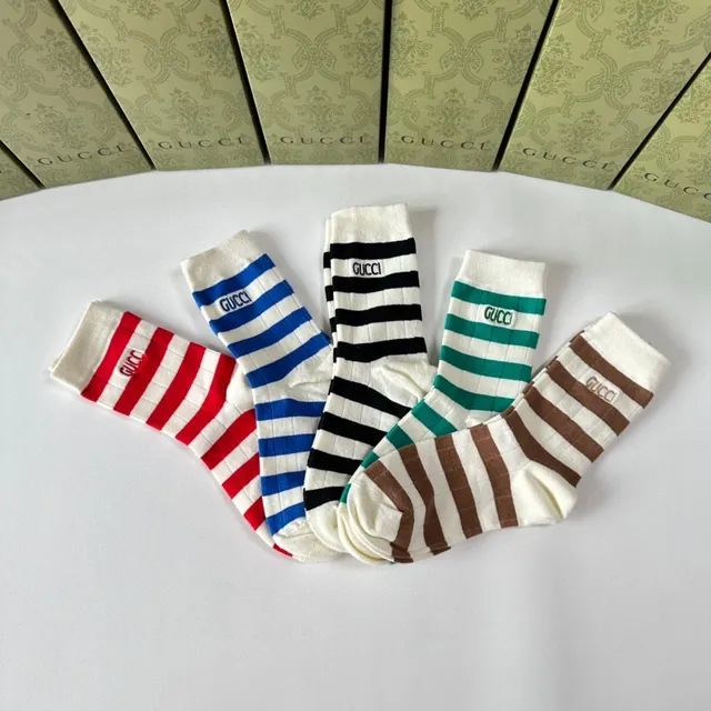 Gucci Multicolor White Ribbed Knit Horizontal Striped Pattern Socks 6