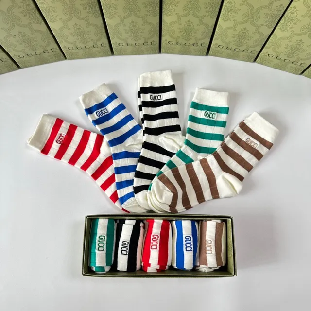 Gucci Multicolor White Ribbed Knit Horizontal Striped Pattern Socks 7