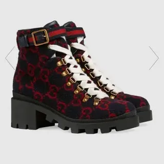 Gucci Navy Red GG Monogram Wool Upper Chunky Lug Sole Ankle Boots