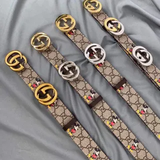 Gucci Ophidia Beige Brown GG Monogram Canvas Disney Mickey Mouse Print Leather Belt