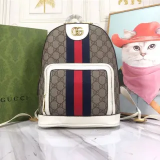 Gucci Ophidia Beige Red GG Monogram Canvas Web Stripe Center Mini Backpack