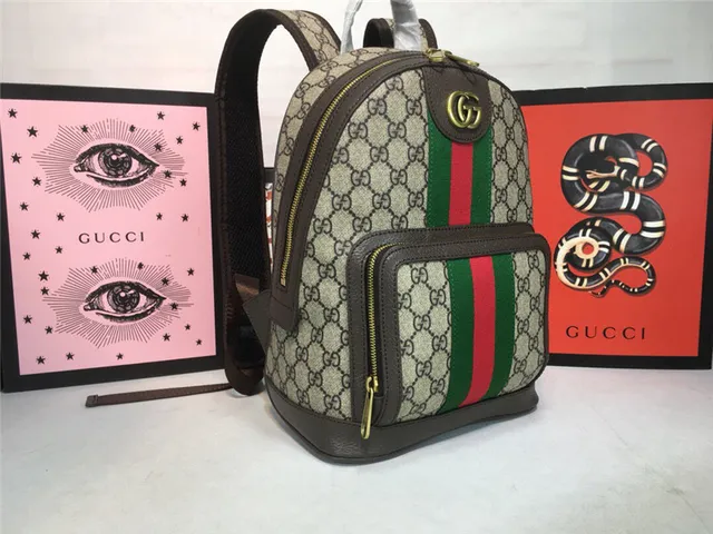 Gucci Ophidia Beige Red GG Monogram Canvas Web Stripe Center Mini Backpack 18