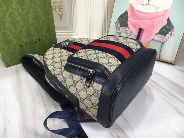 Gucci Ophidia Beige Red GG Monogram Canvas Web Stripe Center Mini Backpack 23