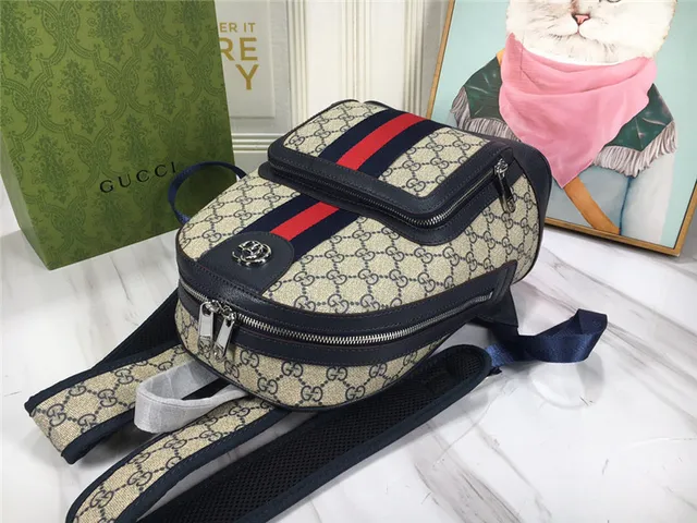 Gucci Ophidia Beige Red GG Monogram Canvas Web Stripe Center Mini Backpack 24