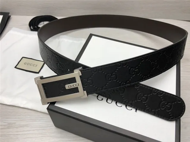 Gucci Ophidia Black Gold Embossed GG Monogram Rectangular Buckle Leather Belt 4