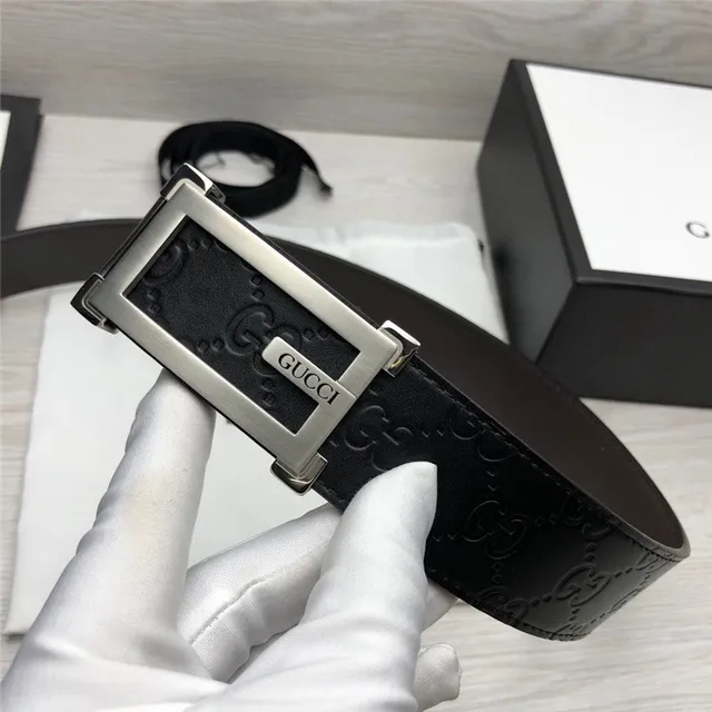 Gucci Ophidia Black Gold Embossed GG Monogram Rectangular Buckle Leather Belt 6
