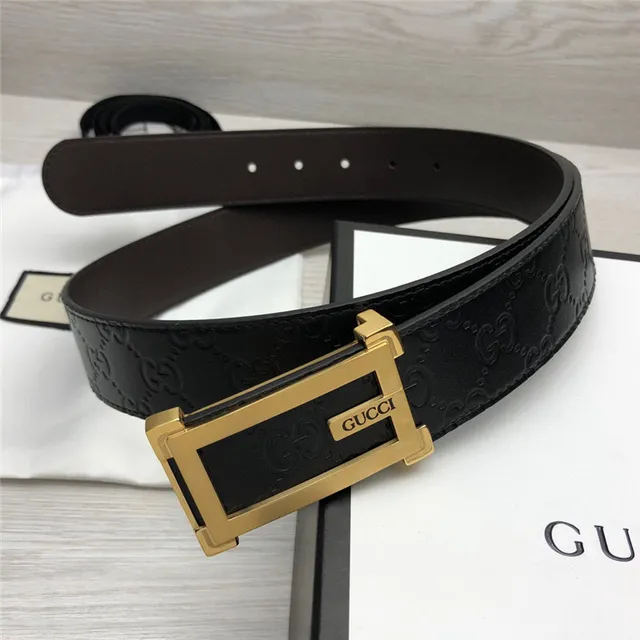 Gucci Ophidia Black Gold Embossed GG Monogram Rectangular Buckle Leather Belt 18