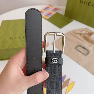 Gucci Ophidia Black Silver Interlocking G Plaque GG Monogram-Coated Canvas Leather Belt