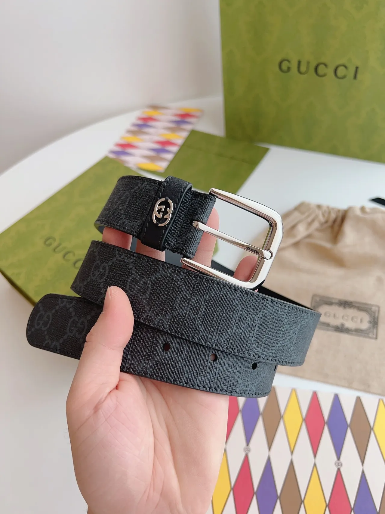 Gucci Ophidia Black Silver Interlocking G Plaque GG Monogram-Coated Canvas Leather Belt 4