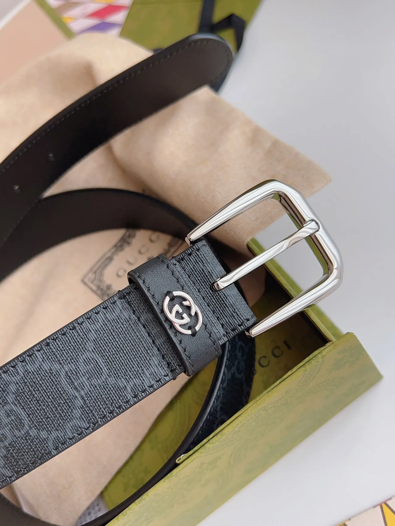 Gucci Ophidia Black Silver Interlocking G Plaque GG Monogram-Coated Canvas Leather Belt 5