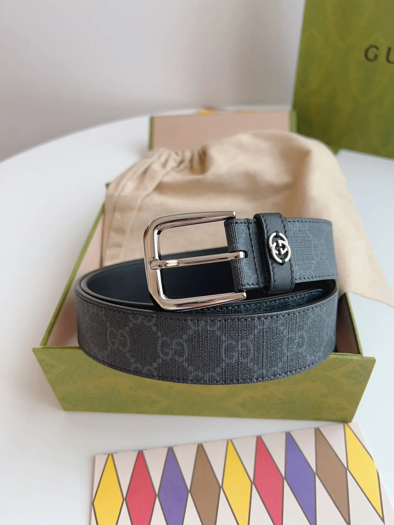 Gucci Ophidia Black Silver Interlocking G Plaque GG Monogram-Coated Canvas Leather Belt 6