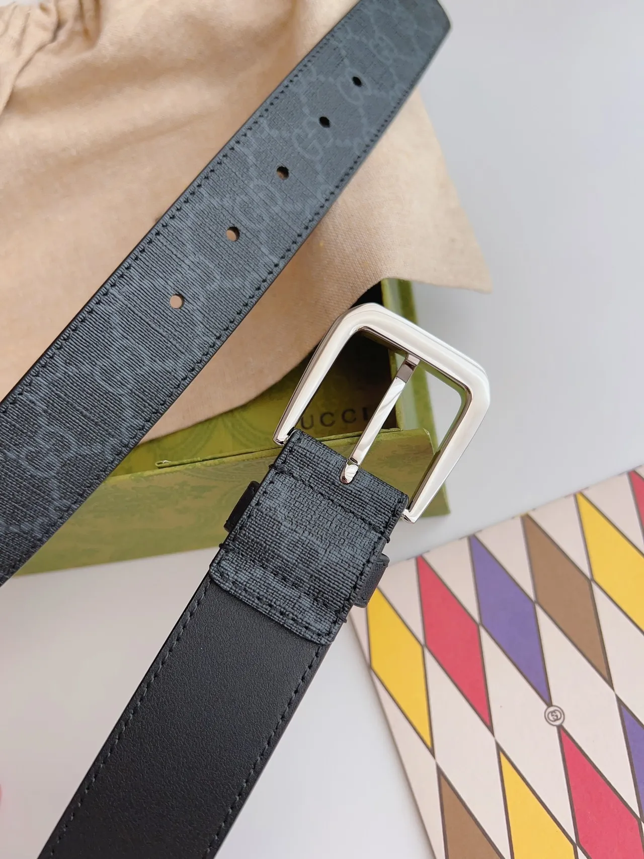 Gucci Ophidia Black Silver Interlocking G Plaque GG Monogram-Coated Canvas Leather Belt 7