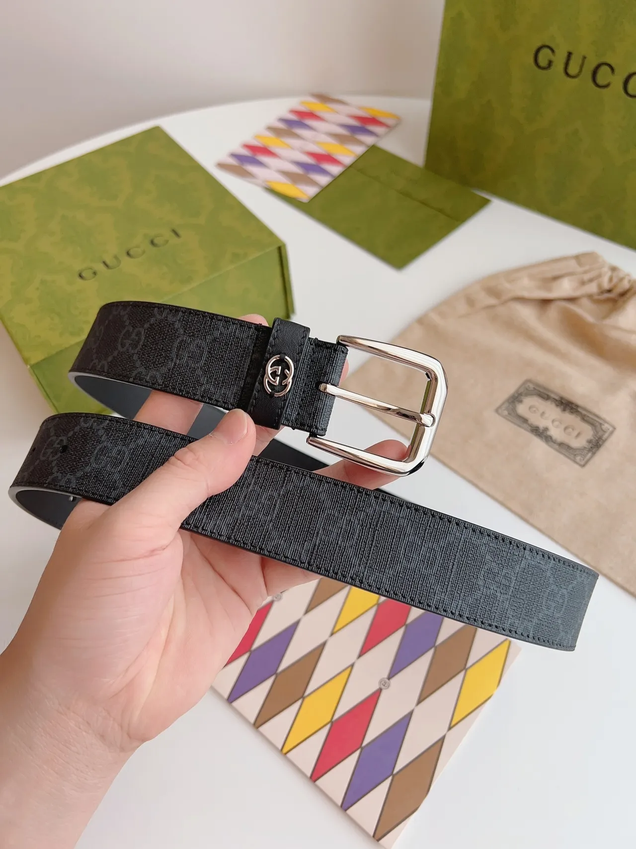 Gucci Ophidia Black Silver Interlocking G Plaque GG Monogram-Coated Canvas Leather Belt 8