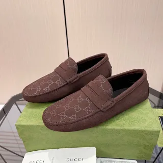 Gucci Ophidia 棕色米色麂皮 GG Monogram 乐福鞋