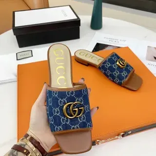 Gucci Ophidia GG Monogram Denim Blue and Tan Leather Slippers