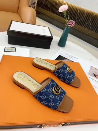 Gucci Ophidia GG Monogram Denim Blue and Tan Leather Slippers 2