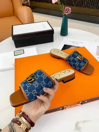 Gucci Ophidia GG Monogram Denim Blue and Tan Leather Slippers 3