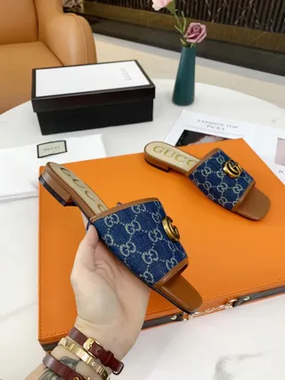 Gucci Ophidia GG Monogram Denim Blue and Tan Leather Slippers 4