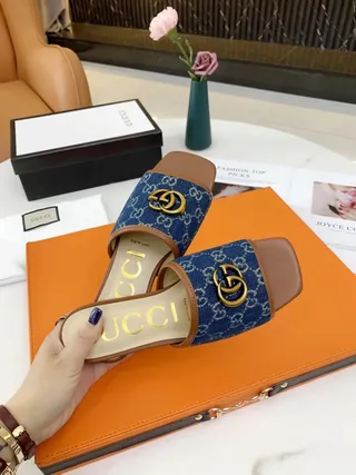Gucci Ophidia GG Monogram Denim Blue and Tan Leather Slippers 5