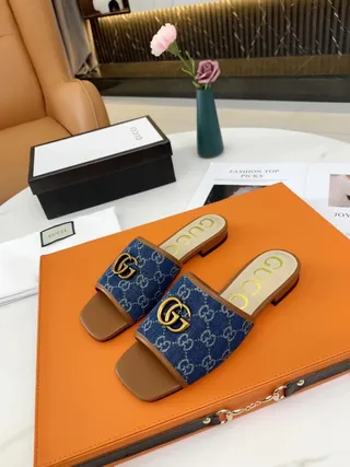 Gucci Ophidia GG Monogram Denim Blue and Tan Leather Slippers 6