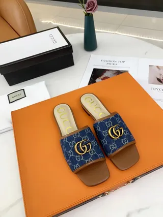 Gucci Ophidia GG Monogram Denim Blue and Tan Leather Slippers 7