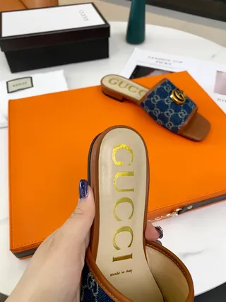 Gucci Ophidia GG Monogram Denim Blue and Tan Leather Slippers 9