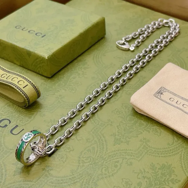 Gucci Ophidia Green Enamel Interlocking G Pendant Necklace 4