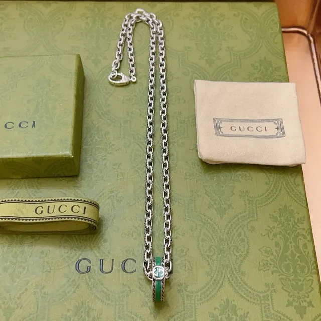 Gucci Ophidia Green Enamel Interlocking G Pendant Necklace 5
