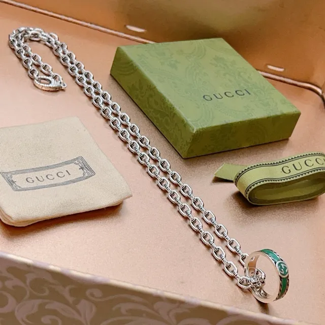 Gucci Ophidia Green Enamel Interlocking G Pendant Necklace 7