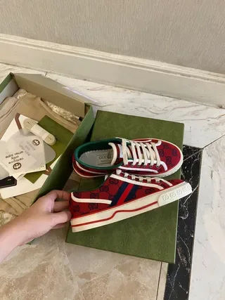 Gucci Red Green GG Monogram Canvas Web Stripe Detail Lifestyle Sneakers 9