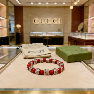 Gucci Red Silver Beaded Interlocking G Logo Cubes Bracelet