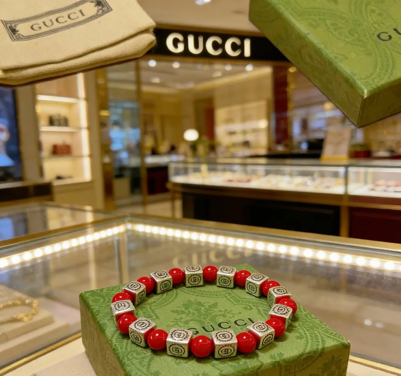 Gucci Red Silver Beaded Interlocking G Logo Cubes Bracelet 2