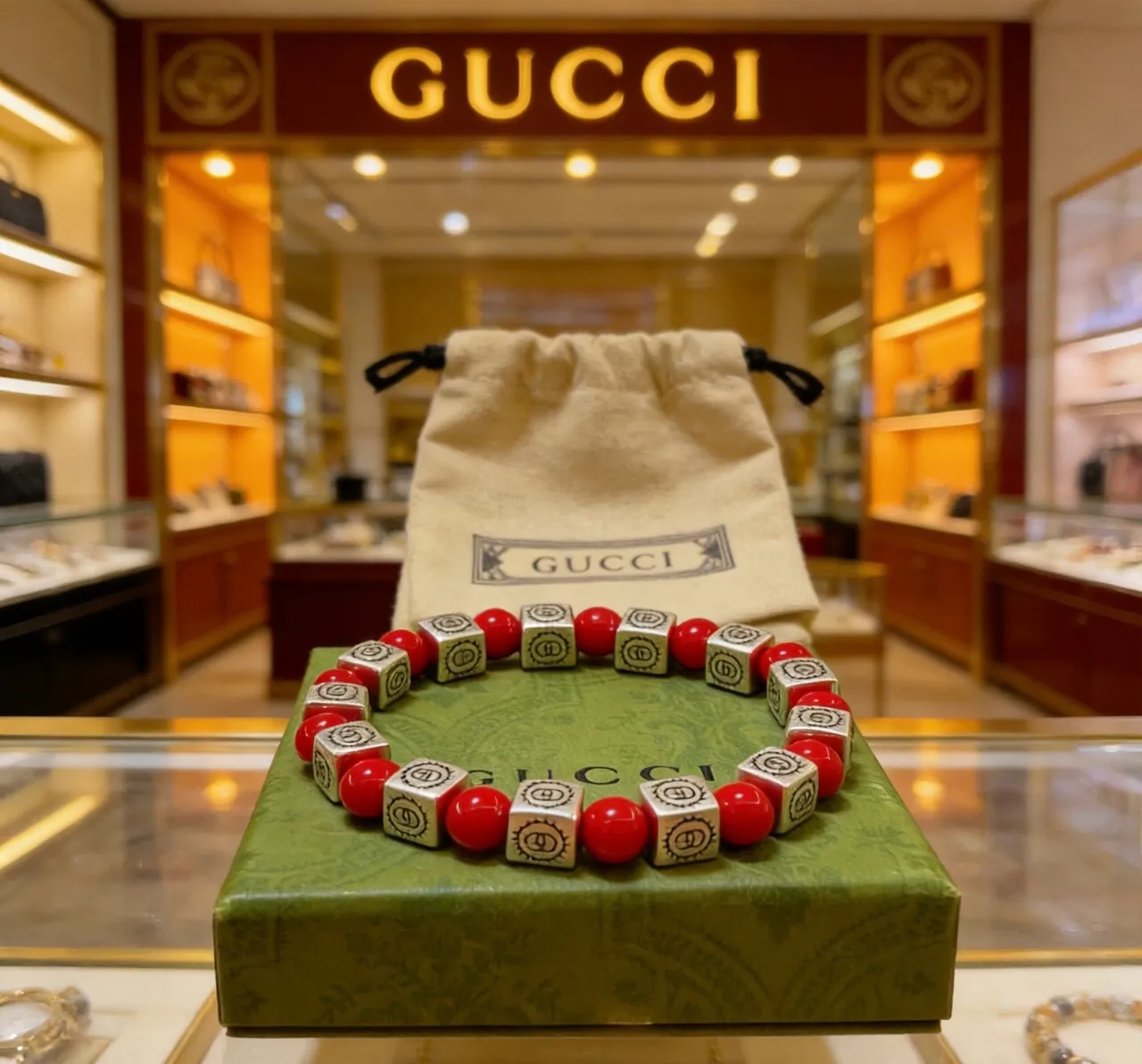 Gucci Red Silver Beaded Interlocking G Logo Cubes Bracelet 3
