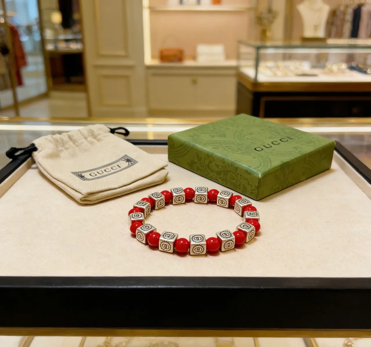 Gucci Red Silver Beaded Interlocking G Logo Cubes Bracelet 6