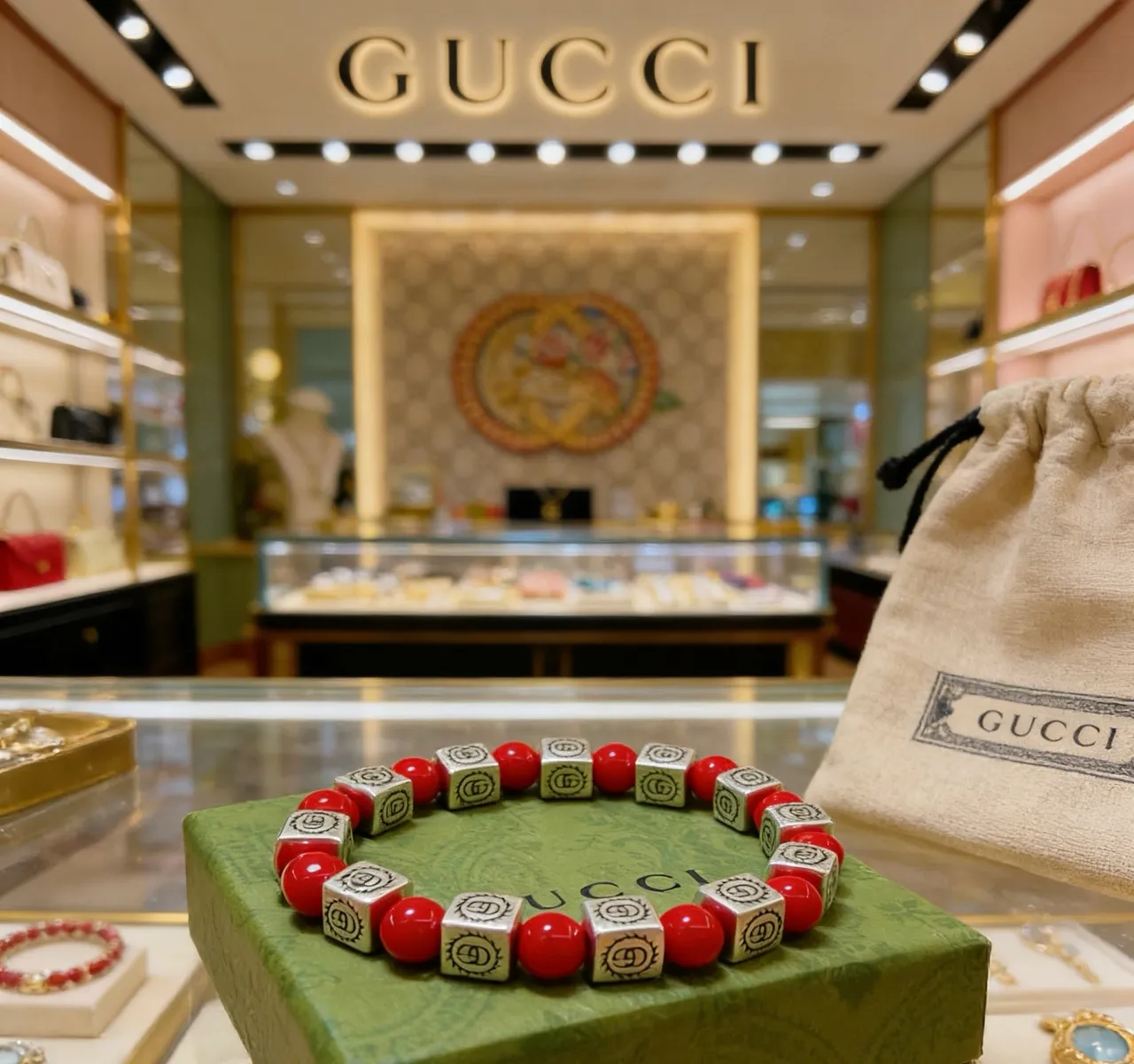 Gucci Red Silver Beaded Interlocking G Logo Cubes Bracelet 8