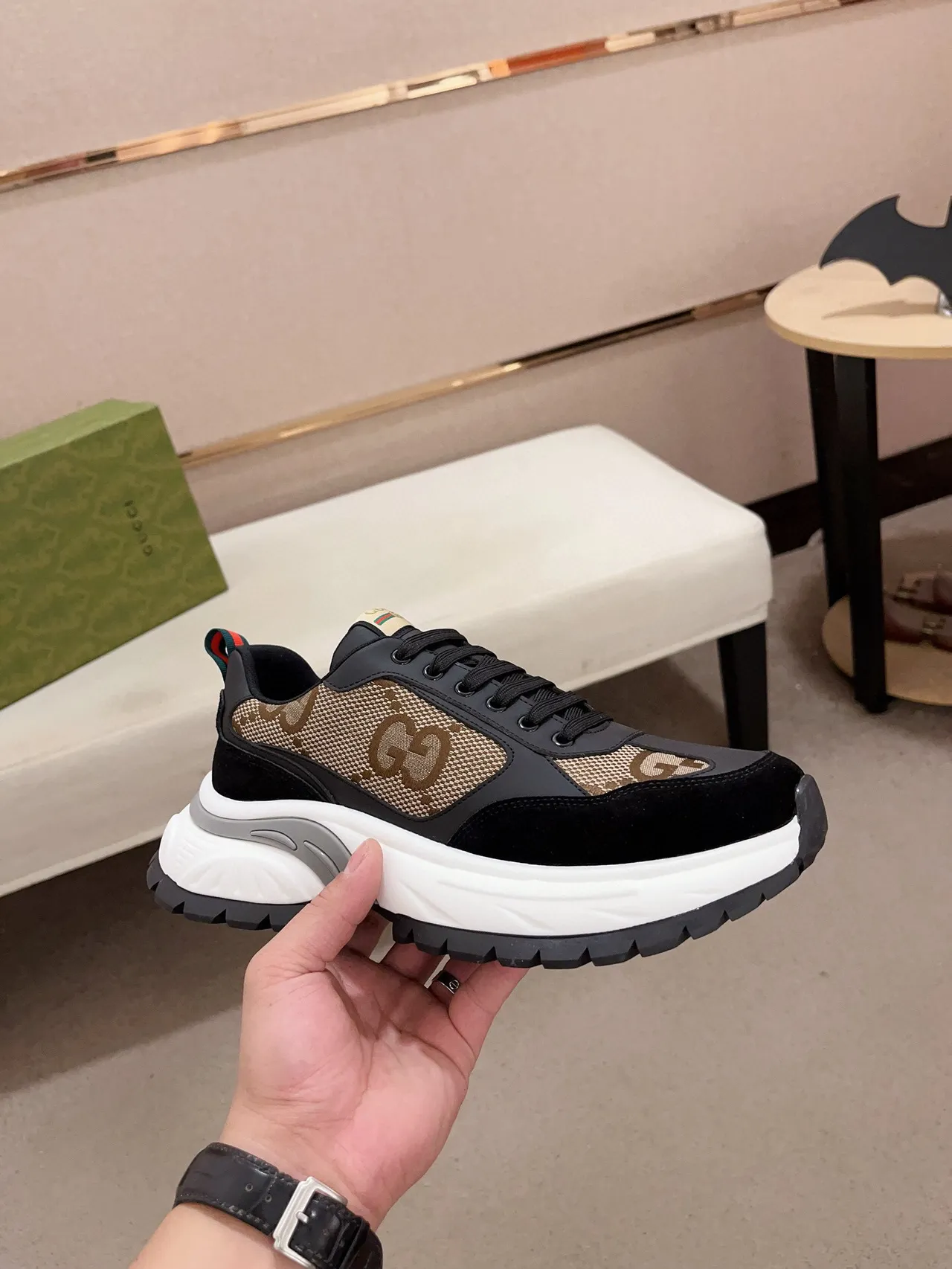 Gucci Rhyton Black and Beige GG Monogram Chunky Sneakers 4