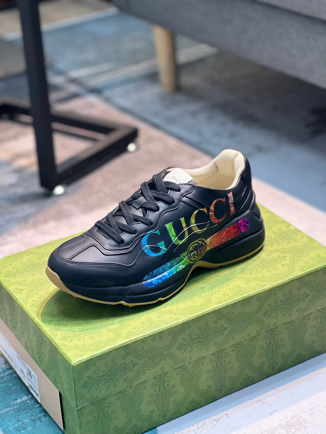 Gucci Rhyton Black Multicolor Iridescent Logo Lifestyle Sneakers 1