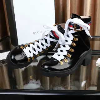 Gucci Rhyton Black Patent Leather Web Stripe Ankle Boots