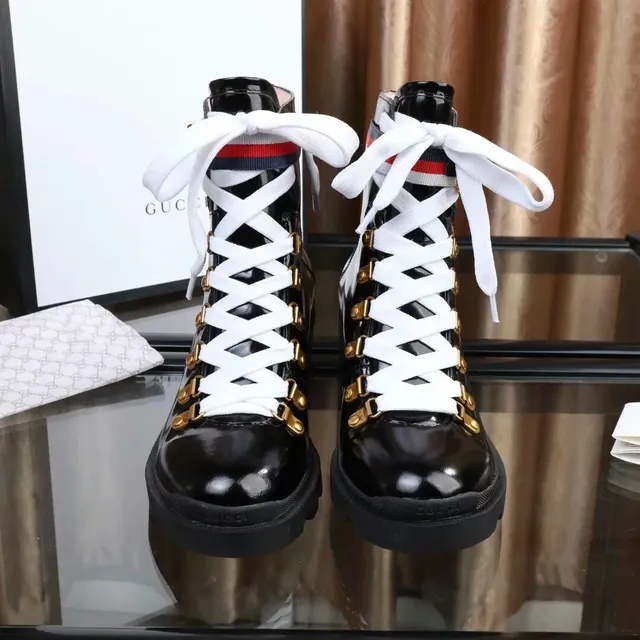 Gucci Rhyton Black Patent Leather Web Stripe Ankle Boots 2