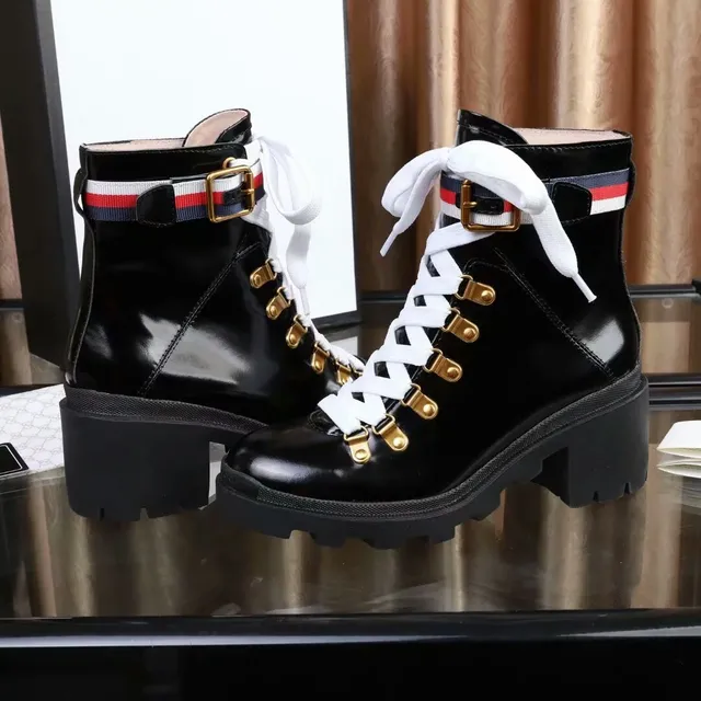 Gucci Rhyton Black Patent Leather Web Stripe Ankle Boots 3