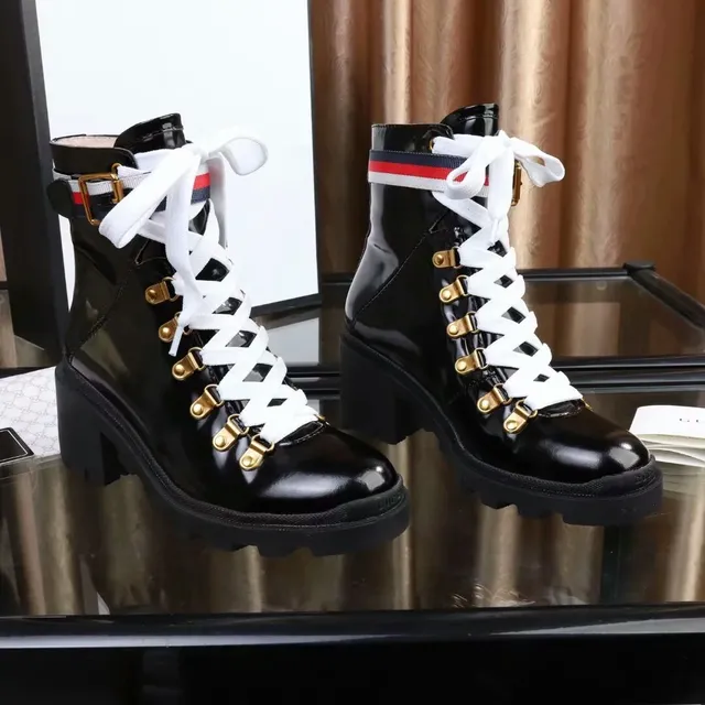 Gucci Rhyton Black Patent Leather Web Stripe Ankle Boots 4
