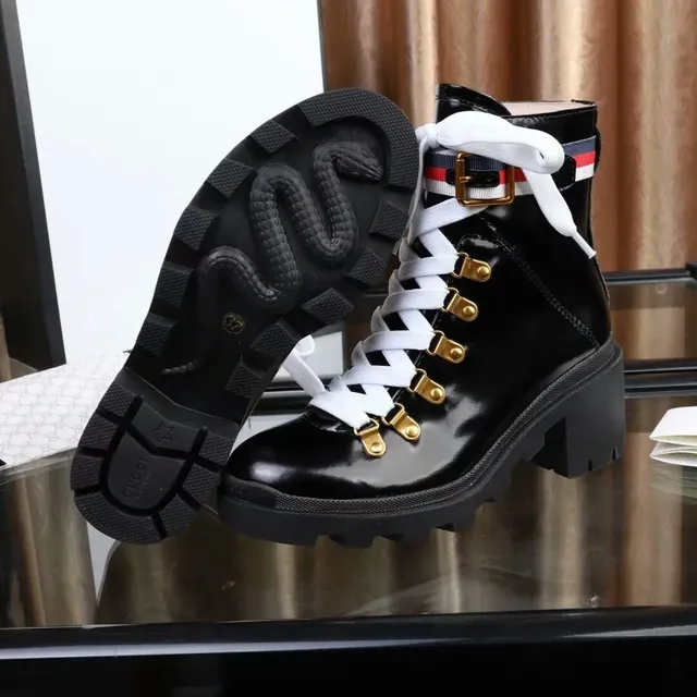 Gucci Rhyton Black Patent Leather Web Stripe Ankle Boots 5