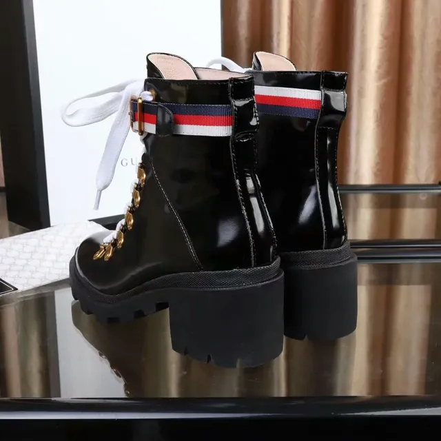 Gucci Rhyton Black Patent Leather Web Stripe Ankle Boots 6