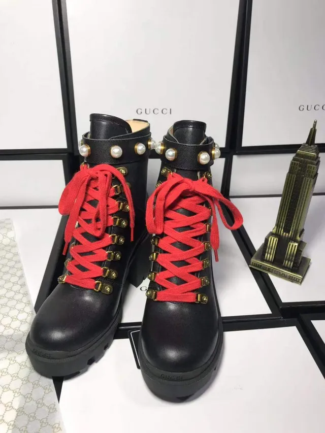Gucci Rhyton Pearl-Strap Black Ankle Boots 5