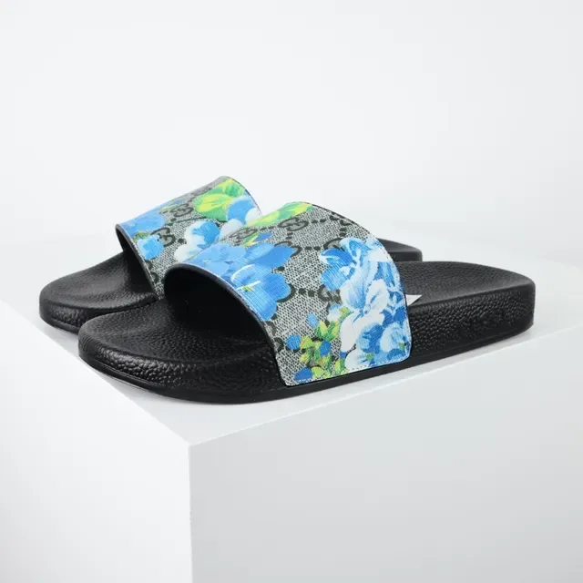 Gucci Screener Sandales Glissantes Floral Bleu GG Peau de Serpent 2