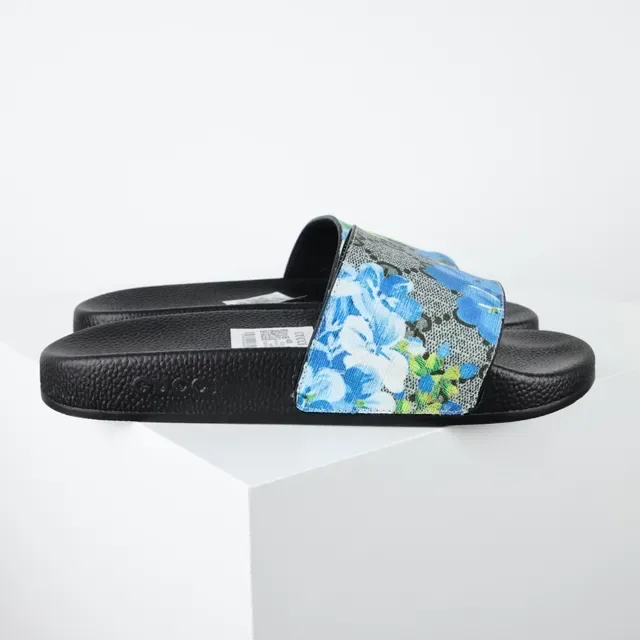 Gucci Screener Sandales Glissantes Floral Bleu GG Peau de Serpent 3