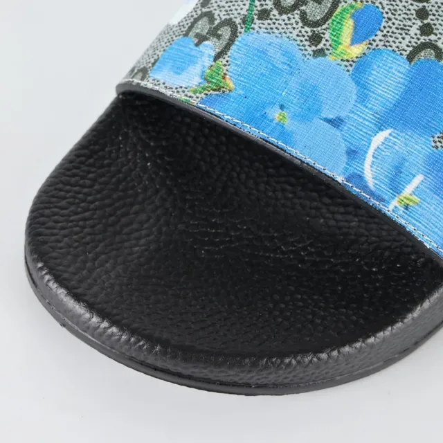 Gucci Screener Sandales Glissantes Floral Bleu GG Peau de Serpent 5