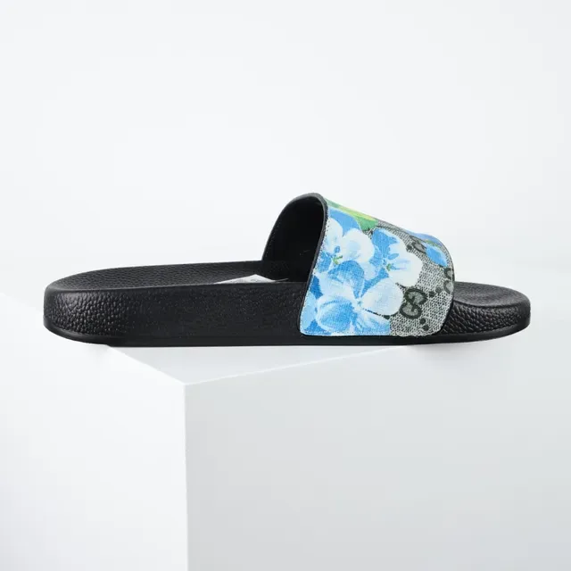Gucci Screener Sandales Glissantes Floral Bleu GG Peau de Serpent 7